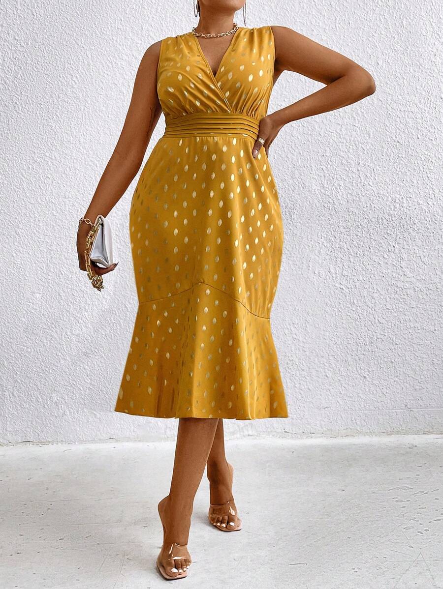SHEIN Clasi Của phụ nữ Chấm bi Cổ chữ V Không tay Kích thước lớn Đầm - Màu vàng - Xem 1