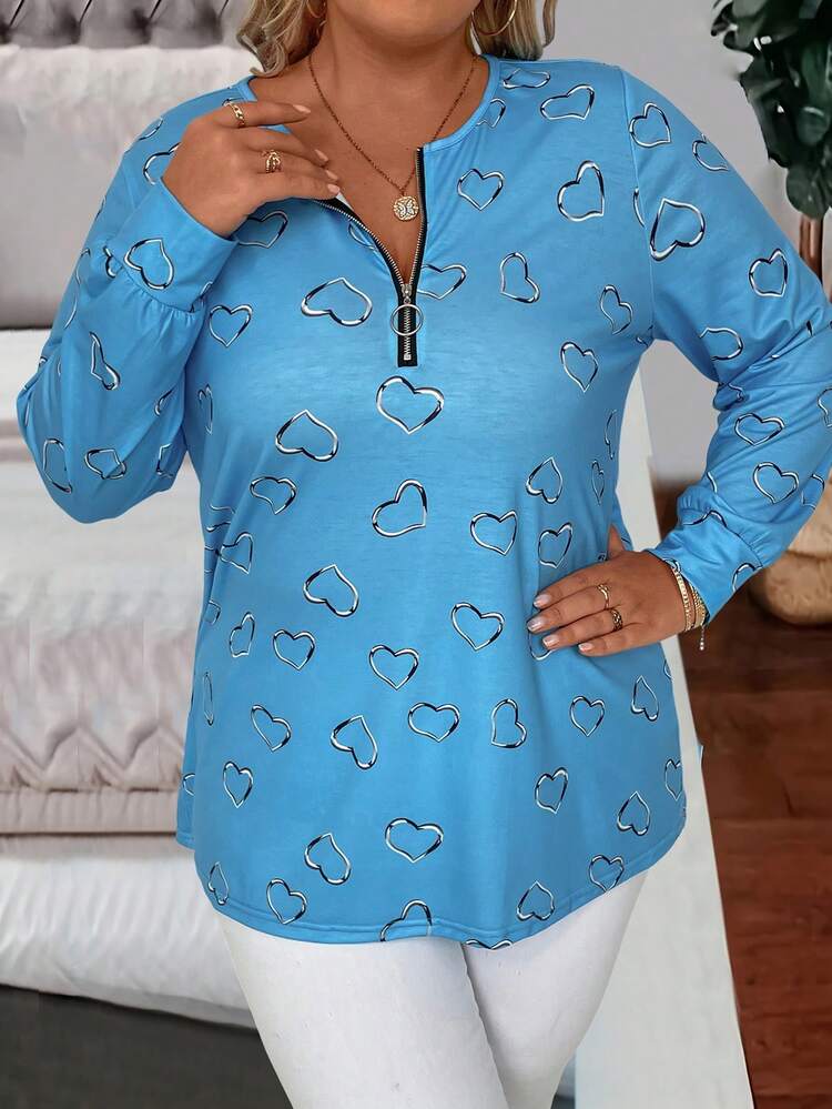 Plus Size Women's Heart Printed Zipper Half-Placket T-Shirt