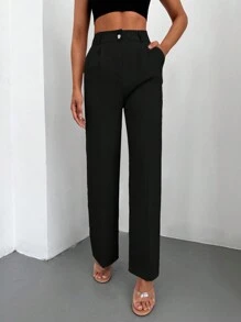 EURMUSE 純色斜口袋西裝褲 - 黑色 - 查看 5