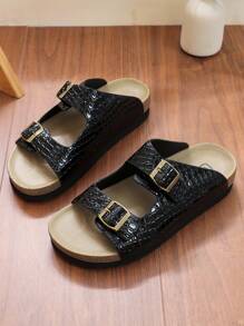 女性時尚舒適的黑色雙扣涼鞋,圓頭,石紋細節採用單步雙組合設計,平底休閒 - 黑色 - 查看 4