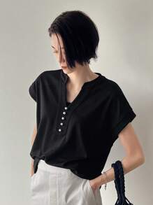 FRIFUL Women's Solid Color V-Neck Batwing Sleeve T-Shirt - Black - View 1