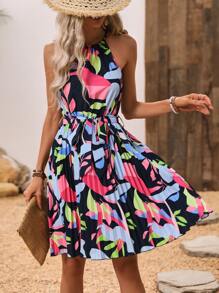 Breezaya Random Printed Halter Neck Pleated Dress - Multicolor - View 3