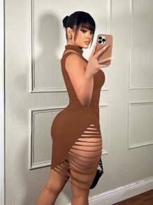 SHEIN SXY Gợi cảm Xu hướng: Cắt giảm Hông Ôm Váy bodycon Đối với Đường phố Mặc - màu nâu - Xem 2