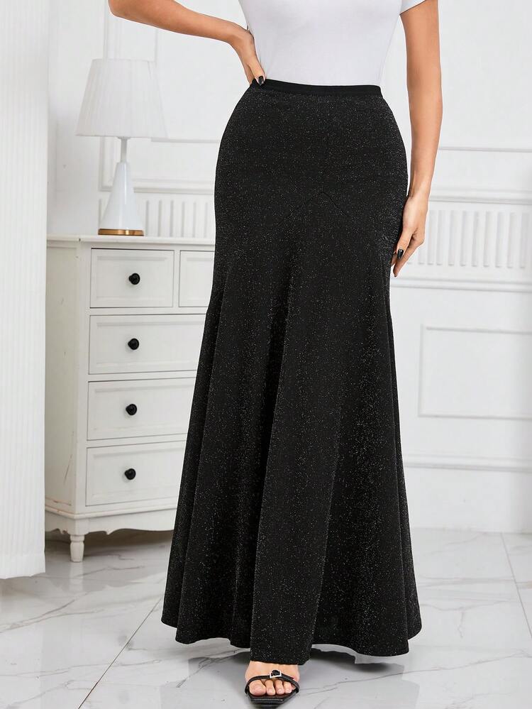 Women's High Waisted Metallic Shine Mermaid Hem Full Length Skirt