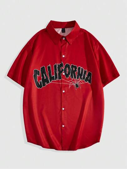 Grunge Punk Herren Spinnen & Buchstaben Muster Freizeit Kurzarm Hemd