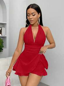SHEIN SXY 女士时尚红色深 V 领露背紧身衣（带裙子） - 紅色 - 查看 4