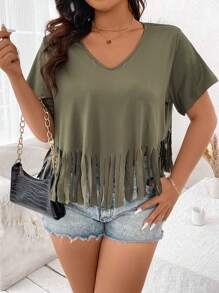 Flirla Camiseta De Rayas De Flecos De Talla Grande Para Mujer, Informal De Verano - Verde militar - Ver 5