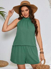 SHEIN VCAY Bộ đồ hai mảnh màu trơn rộng rãi cỡ lớn thường ngày - màu xanh lá - Xem 2