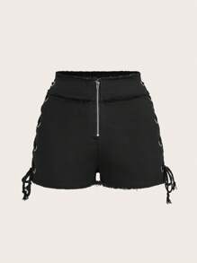 SHEIN ICON Festival de muzică Rave Y2k, negru metalic, detaliu cu ochi, talie joasă, cu legare laterală, pantaloni scurți cu talie joasă - Negru - Vizualizare 2