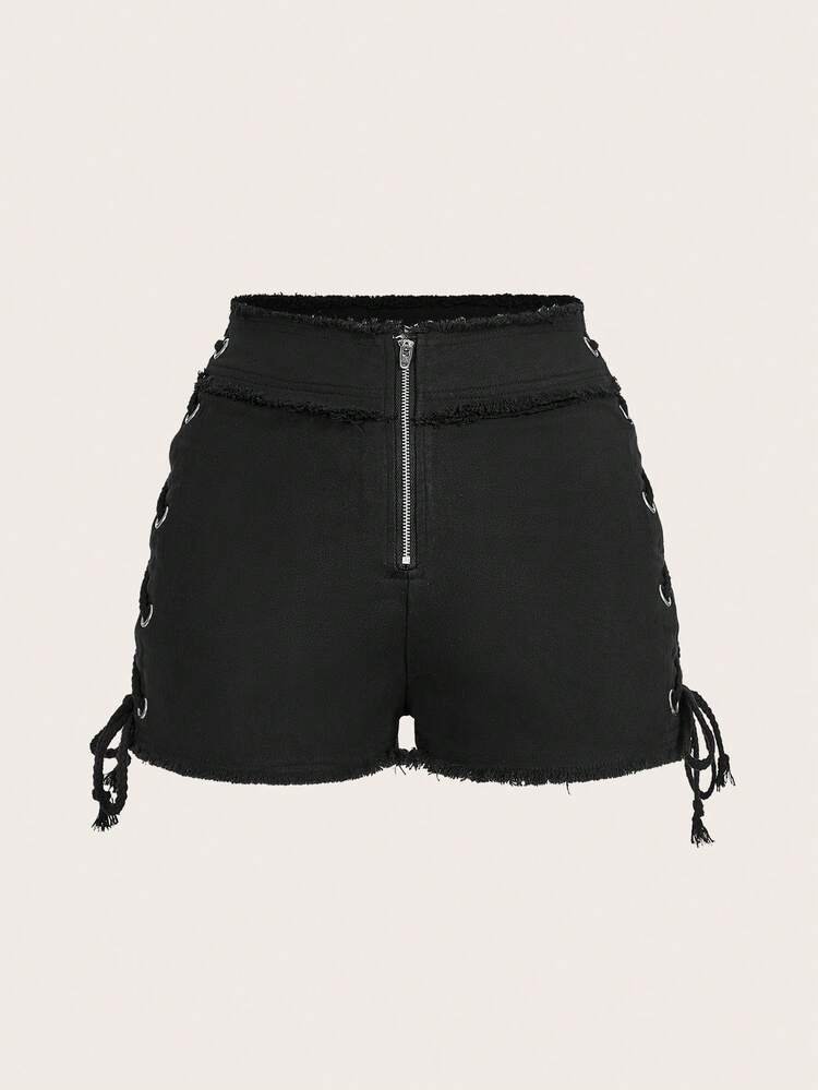 Music Festival Rave Y2k Black Metallic Eyelet Detail  Low Waist Side Tie Binding Low Rise Shorts