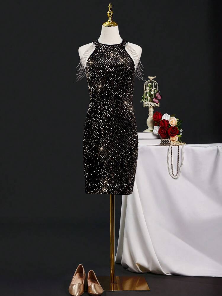 Teen Girl's Halter Neck Beaded Sequin Mini Dress, Suitable For Birthday Party, Music Festival, Evening Party, Wedding, Four Seasons