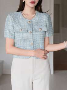 DAZY Plaid Pattern, Round Neck, Metal Button, Loose Fit, Short Jacket Summer