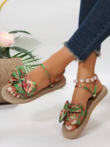 女士綠色蝴蝶結拖鞋,有型的沙灘鞋,防滑兩用扁平拖鞋 - 綠色 - 查看 2