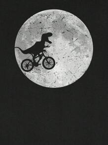 INAWLY Dinosaur And Moon Print Short Sleeve Round Neck T-Shirt Graphic Tees Women Tops - Black - View 5