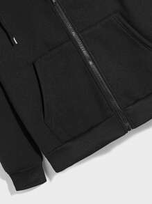 ROMWE MEN Street Life Men Solid Zip Up Pocket Drawstring Hoodie Without Tee - Black - View 4