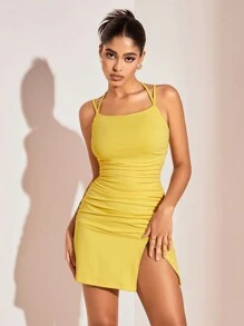 SHEIN BAE Vestido De Primavera Vestido Amarillo Para Las Vacaciones De Primavera Ropa De Verano Vestido Pastel - Amarillo - Ver 1