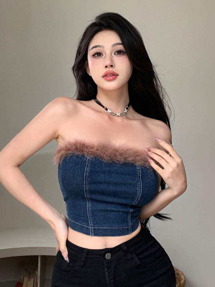 Women's Denim Strapless Top With Detailing Tube Top