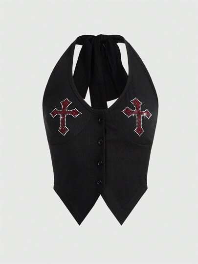 Grunge Punk Cross Rhinestone Button Front Halter Top, School