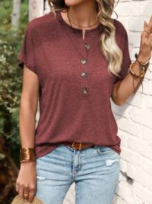 SHEIN LUNE Women's Simple Loose Short Sleeve T-Shirt With Button Design - Burgundy - View 5
