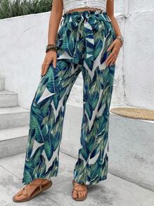 SHEIN LUNE Pantaloni cu picioare drepte, pungă de hârtie imprimată cu frunze