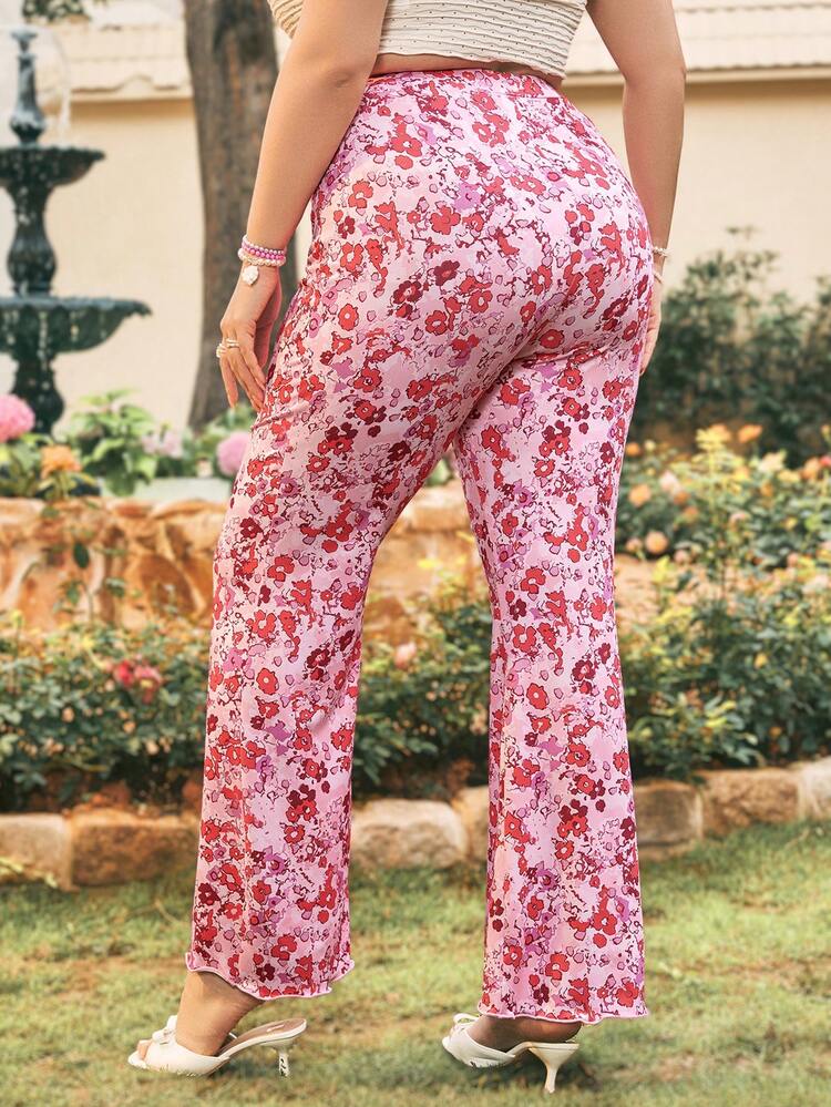 Plus Size Women's Elastic Waistband, Ruffle Detail, Knit Stretch, Ditsy Floral Print, Vacation Style, Romantic Straight Pants