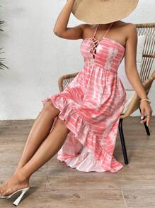 Breezaya Tie Dye Halter Neck Dress With Ruffle Hem - Watermelon Pink - View 6