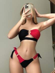 SHEIN Swim Conjunto de bikini de mujer de contraste de color, sin tirantes, calado para la playa de verano
