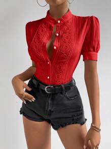 RosyDaze Women's Fashionable Red Short Sleeve Button-Down Shirt For New Year Clothes - Red - View 4