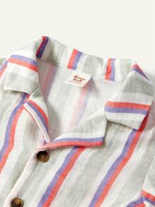 Cozy Pixies Baby Boy Casual Striped Polo Shirt With Turn-Down Collar And Front Buttoned Short Sleeve Top - Blue - View 3