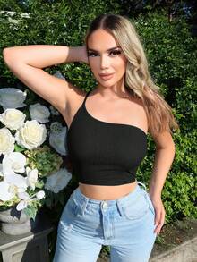 SHEIN SXY Của phụ nữ Mùa hè Một bờ vai Kết cấu Chất vải Áo Với Không lưng Thiết kế - màu đen - Xem 2