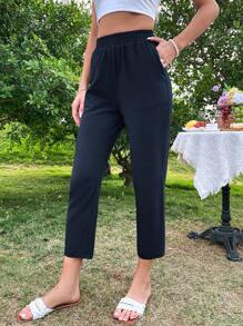 SHEIN LUNE Summer Solid Color Cone Shaped Leisure Vacation Trousers With Pockets - Navy Blue - View 4