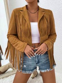 Chiquease Của phụ nữ Màu thuần Da lộn Sọc Đồ trang trí Áo khoác - Lạc đà - Xem 3