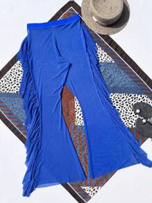 SHEIN Swim Summer Beach Women's Splicing Ruffle Trim Cover Up Pants - Royal Blue - View 4