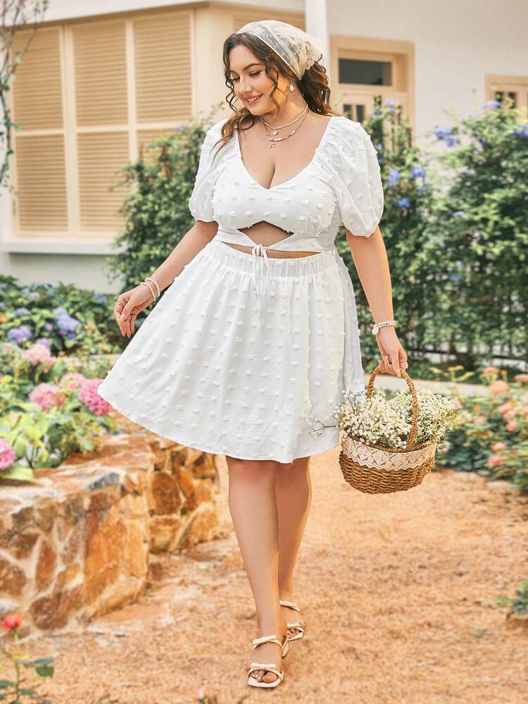 Plus Size Solid Color Textured Hollow Out Lace-Up Dress