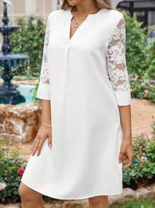 SHEIN Clasi 女士純色蕾絲拼接剪口領連衣裙 - 白色 - 查看 2