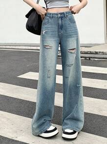 DAZY 女性休閒y2k撕裂牛仔褲 - 藍色 - 查看 6