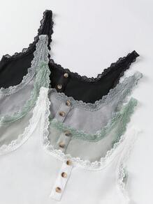 Lunelith SHEIN Lunessa Top canottiera semplice con bottoni e profili in pizzo per signora, adatto per l"abbinamento in primavera ed estate