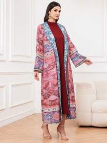 Al Najma 勃艮第红色女士披肩领全图案长袖外套和立领无袖连衣裙两件套 2 件套女士秋季布料 - 酒紅色 - 查看 6