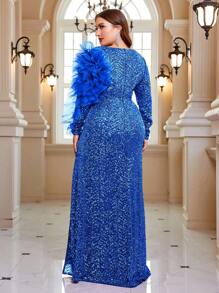 SHEIN Belle Robe De Soirée De Bal Pour Femmes De Grande Taille À Manches Longues Et Fentes Hautes En Sequins - bleu indigo - Voir 6