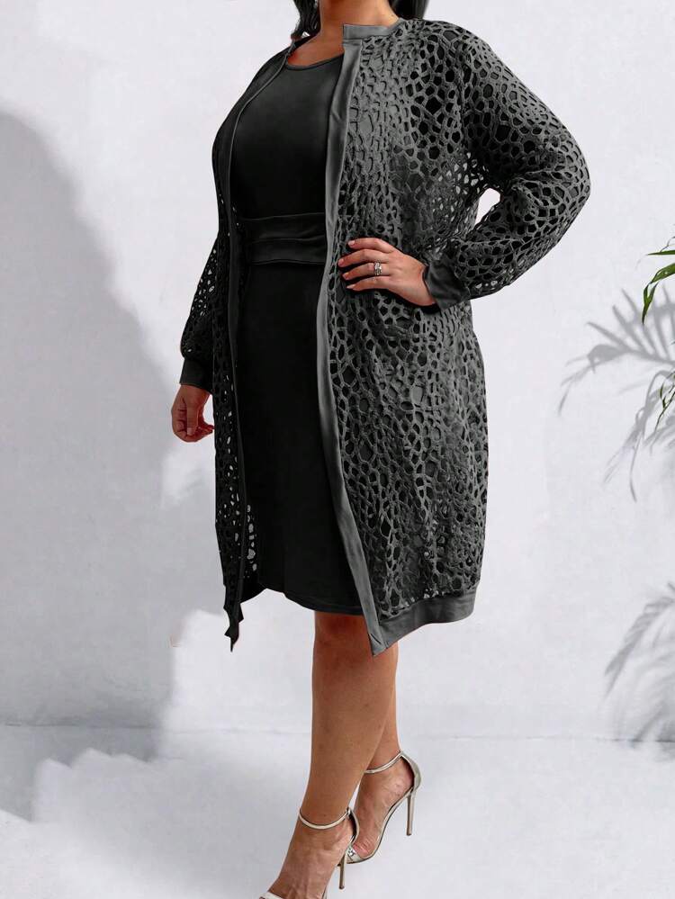 Plus Size Solid Color Hollow Out Jacket And Dress Set