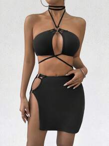 Zolique Vestido Hueco Para Mujeres Con Cuello Halter Y Cinturón - Negro - Ver 3