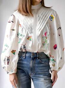 女士优雅灯笼袖立领刺绣衬衫 - 白色 - 查看 1