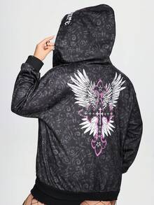 ROMWE Goth 印花邊加大號帶帽衛衣,翼形、十字和字母設計 - 彩色 - 查看 3