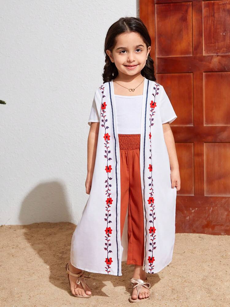 Kimono curto bordado floral casual para o dia a dia de uma jovem, ideal para primavera e verão, com mangas curtas e estilo praiano. - Branco - Ver 4