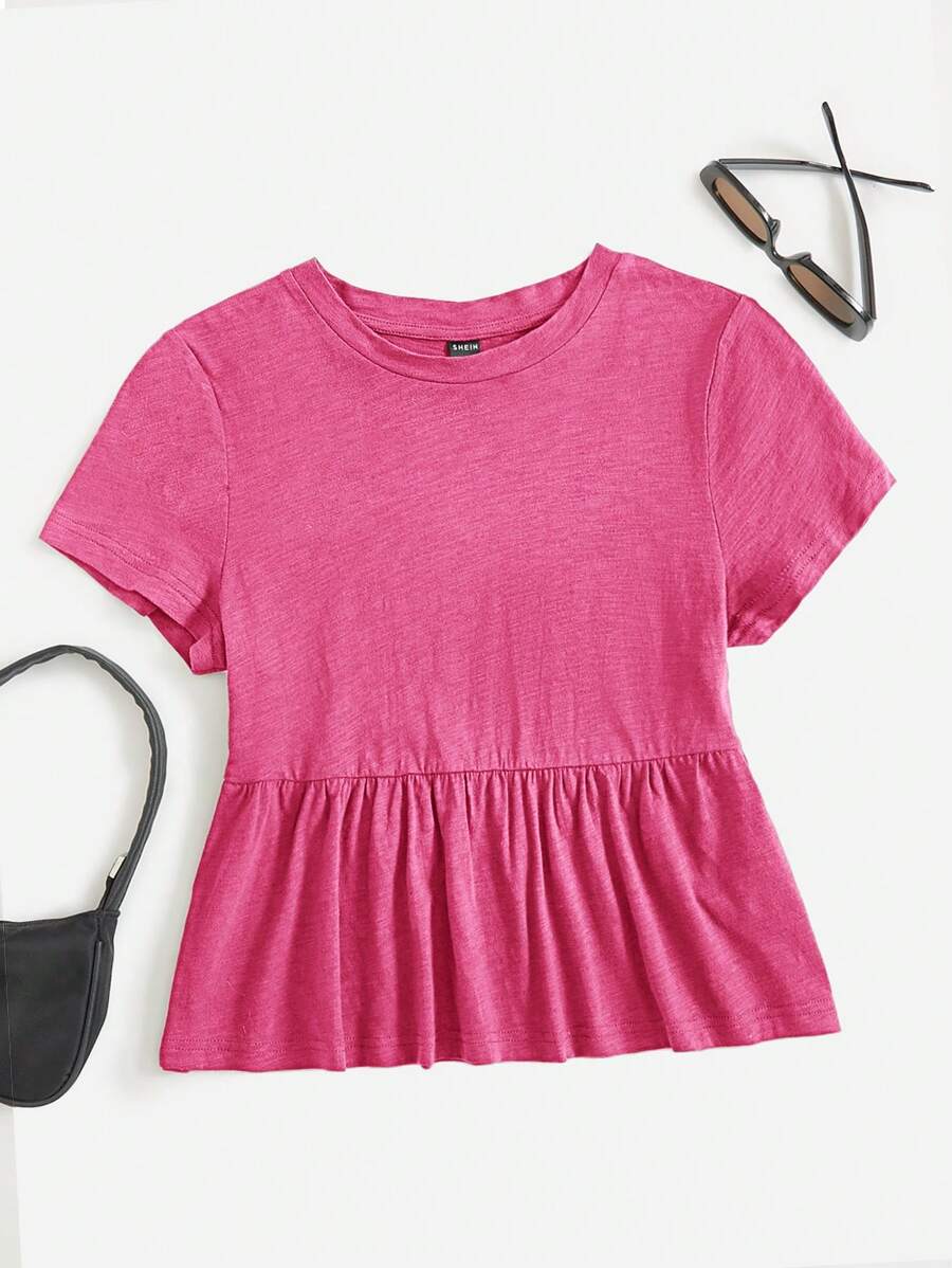 SHEIN EZwear 女士休闲日常通勤玫瑰红短袖荷叶边针织T恤,夏季 - 玫紅色 - 查看 1