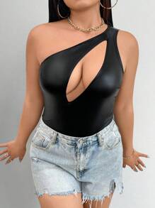 Allurite Plus Size One-Shoulder Hollow Out Bodycon Bodysuit - Black - View 4