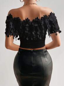 SHEIN Privé Của phụ nữ Ren Off Shoulder Viền tua Áo - màu đen - Xem 2