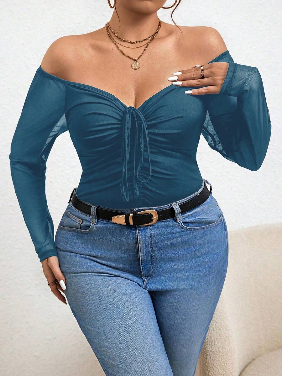 SHEIN Clasi Kích thước lớn Của phụ nữ Màu thuần Dây rút Off Shoulder Tay áo dài Áo liền quần chặt - Màu xanh ngọc - Xem 1