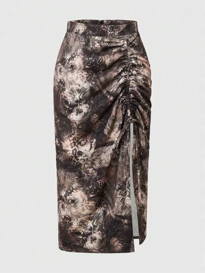 Goth Jupe Femme Vintage Plissée À Imprimé Floral Avec Cordon De Serrage Et Fente À La Taille