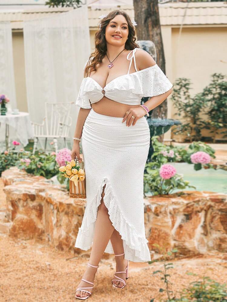 Plus Size Vacation Style Casual Cold-Shoulder Camisole Top With Asymmetrical Ruffled Hem Skirt, White 2pcs/Set